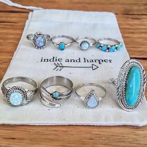 Opal Ring Set Turquoise Eight Piece Jewelry