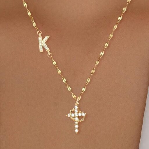 Geometric Zircon-Inlaid Cross Necklace Design