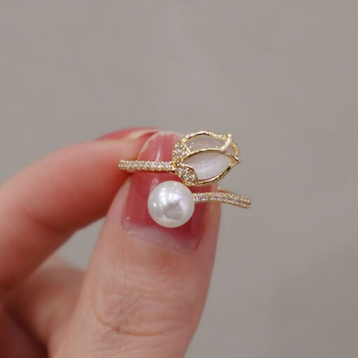 Tulip Bud Pearl Ring For Women, Fashion Niche Design Index Ring, Korean & Japanese Trendy Finger Jewelry