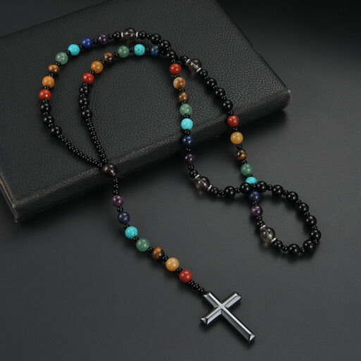 Fashionable Colorful Natural Stone Cross Rosary Necklace